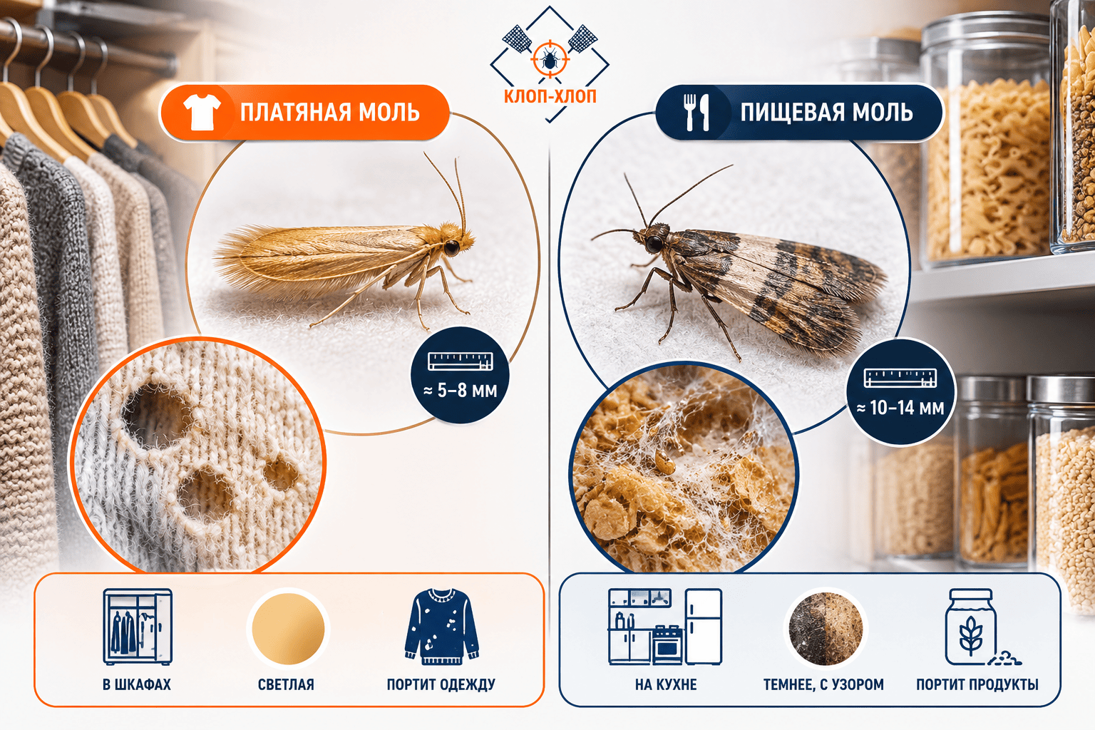 Как отличить платяную моль от пищевой